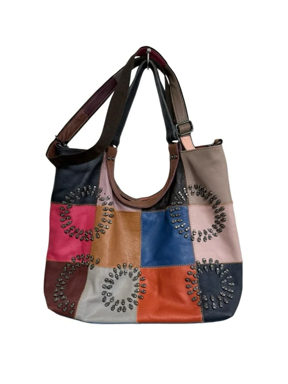 AmeriLeather Multicolor Boho Hobo Patchwork Skull Studded Shoulder Bag Zip Flaw